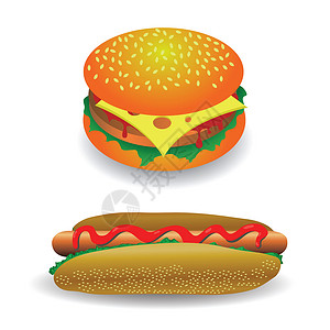 卡通热狗热狗和汉堡包的多彩插图用于设计背景