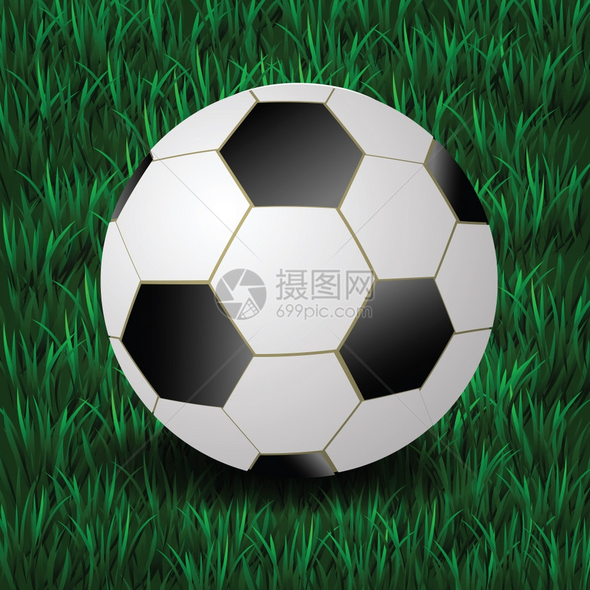 设计时用足球在草地背景上展示多彩的插图图片