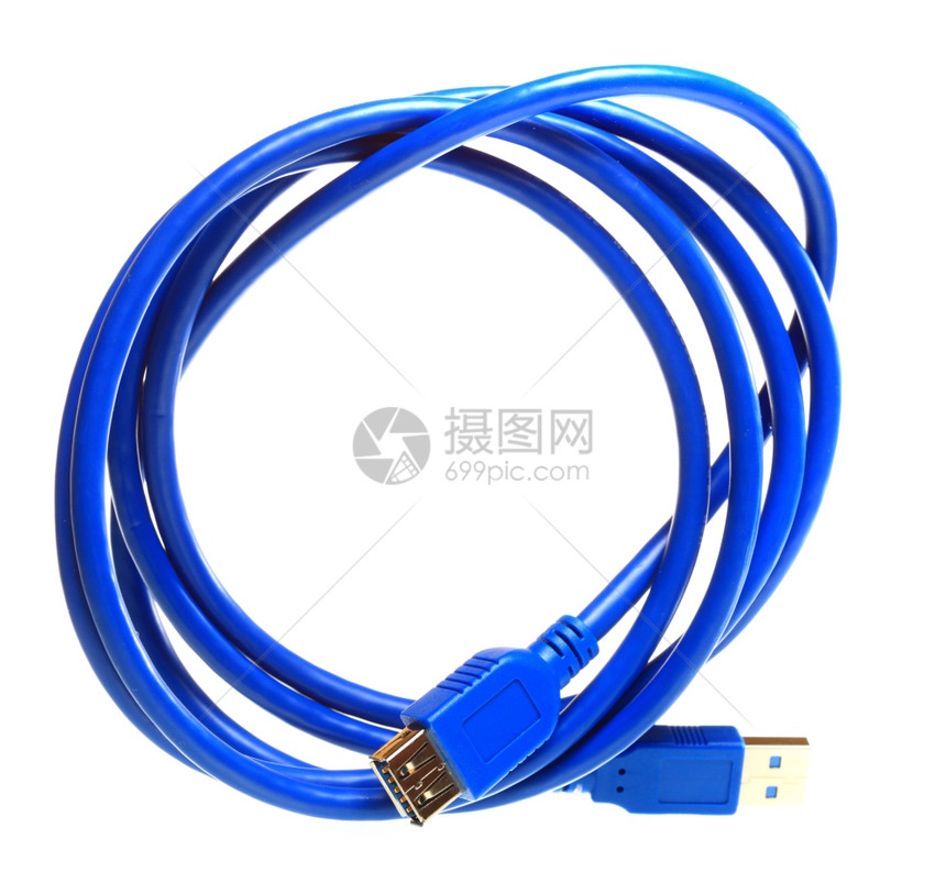 白上隔离的蓝色USB电缆图片