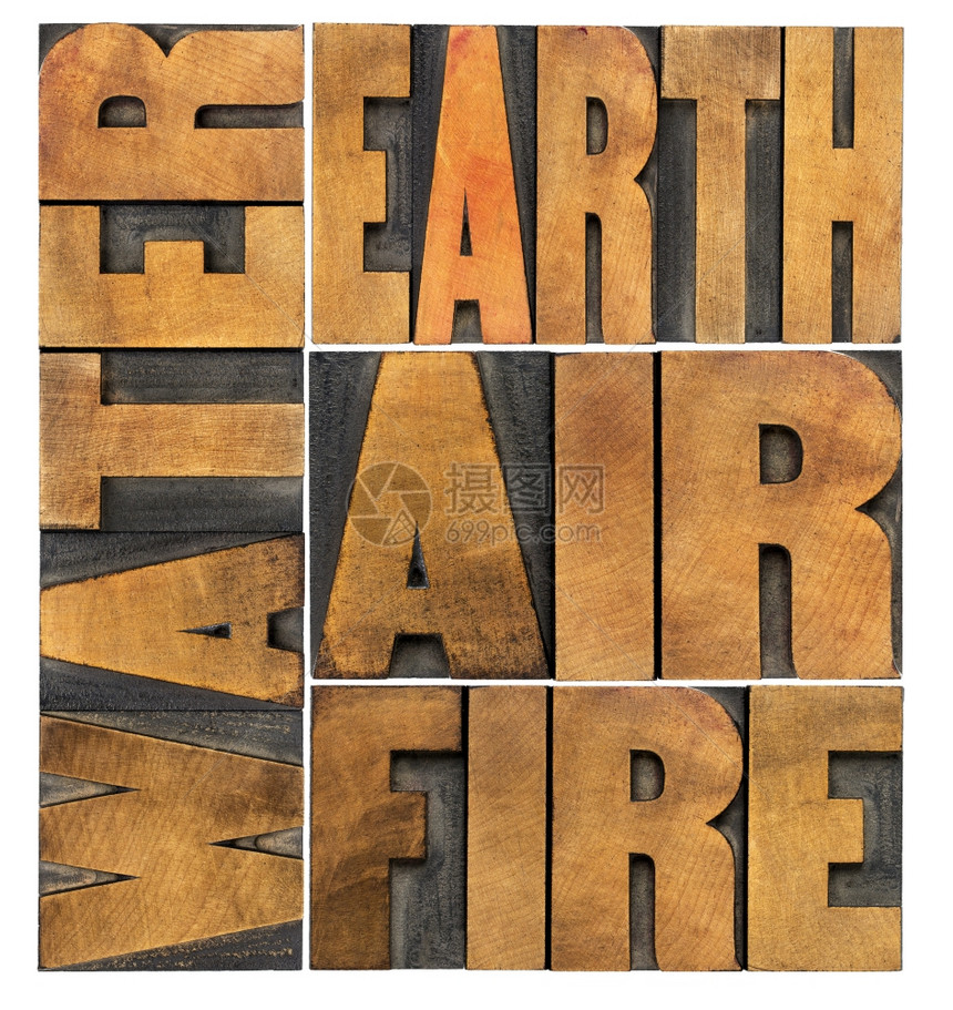 水土空气和火四个哲学要素概念纸质木柴型单词抽象图片
