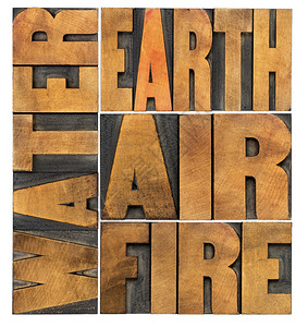 水土空气和火四个哲学要素概念纸质木柴型单词抽象背景图片