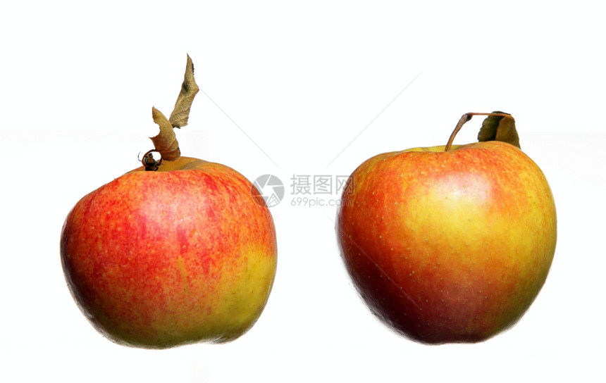 两只红黄苹果白底叶分离图片