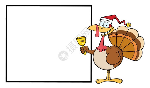 圣诞节火鸡土耳其卡通字符铃响并展示空白符号插画