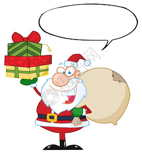 Santa持有一堆充满言语泡沫的礼品图片