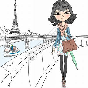 滨水区美丽的穿着围巾的美时装女郎带着雨伞和袋子在水边行走俯视着巴黎的埃菲尔铁塔插画