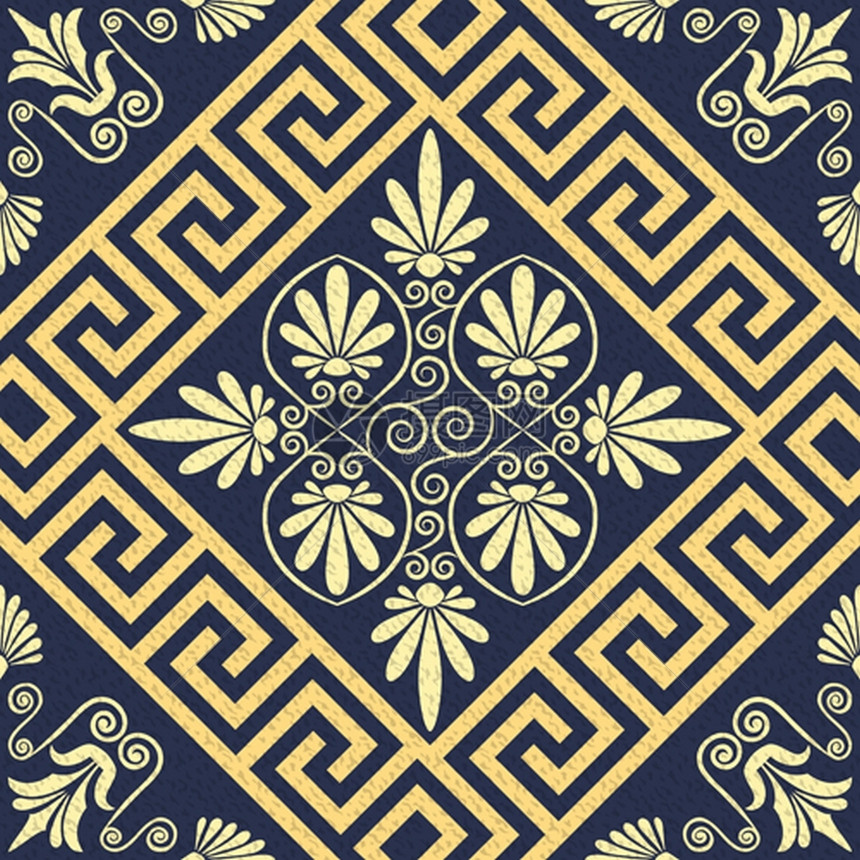 希腊传统古金装饰品Meander和蓝底花纹图片