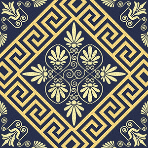 希腊传统古金装饰品Meander和蓝底花纹背景图片