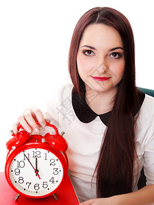 有红色时钟文件夹白色背景的年轻商业妇女图片