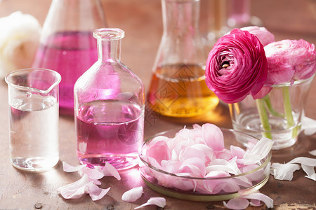 花瓣形分布图配有花和鲜瓶的彩虹形雪和芳香疗法的背景