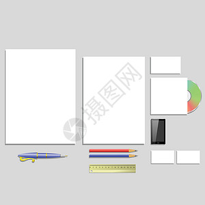 打印光盘素材设计时用灰色背景的办公室用品色彩多的插图背景