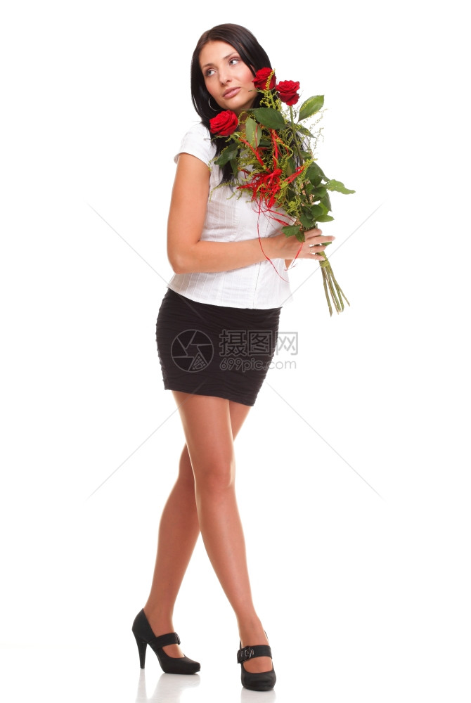美丽的年轻女孩与一个红玫瑰女装扮孤立在白色背景图片