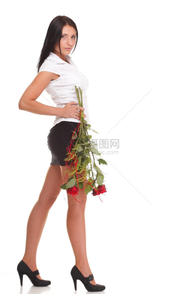 美丽的年轻女孩与一个红玫瑰女装扮孤立在白色背景图片