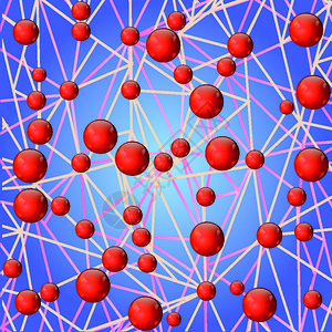 红色线球用蓝色背景的分子联结以多彩插图进行设计插画