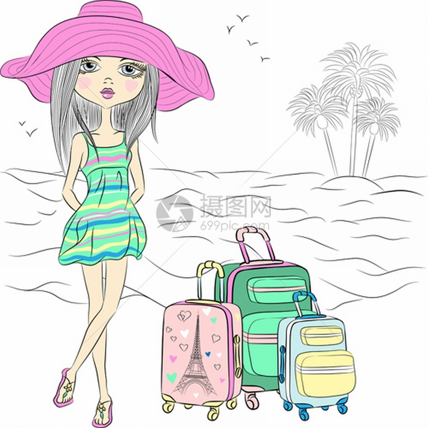 美的时装旅行女郎在海滨带行李箱图片