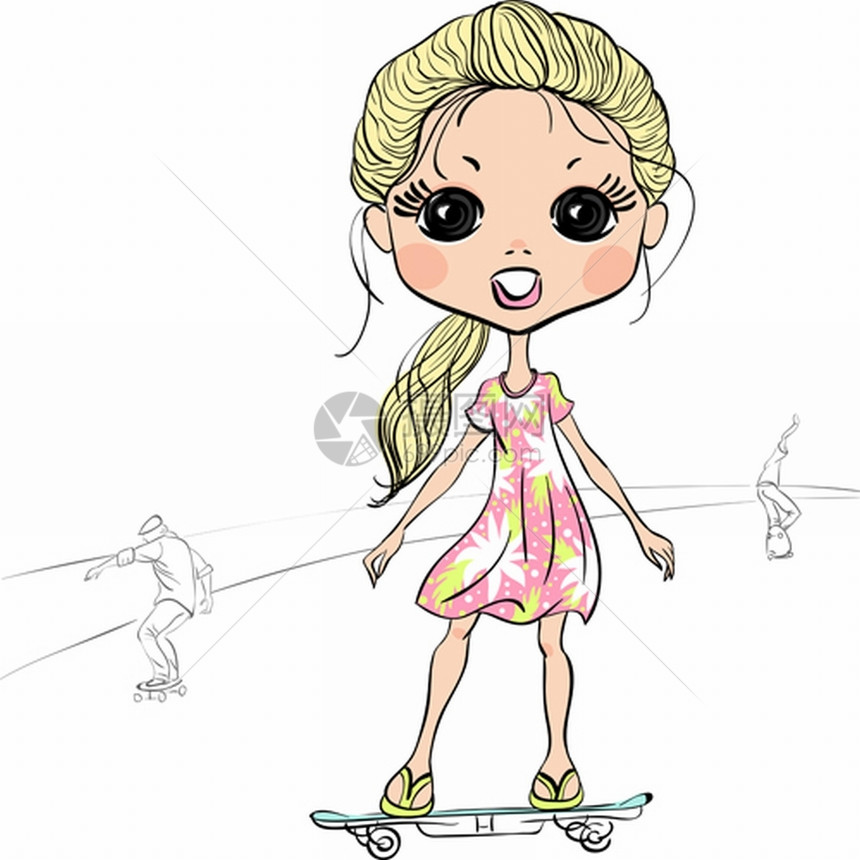 滑着滑板的漂亮时装女孩图片