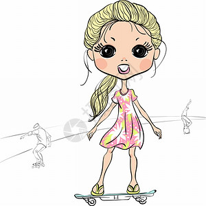 青年女性滑滑板动作滑着滑板的漂亮时装女孩插画