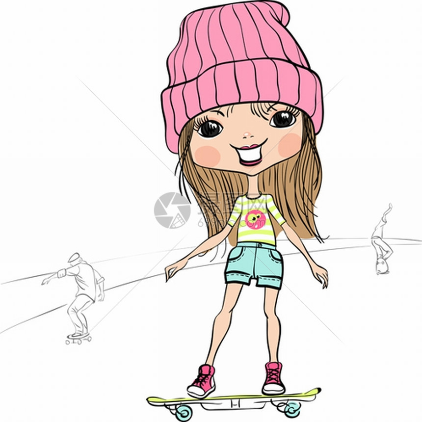 滑着滑板的漂亮时装女孩图片