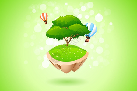 飞岛上的绿树和热气球图片