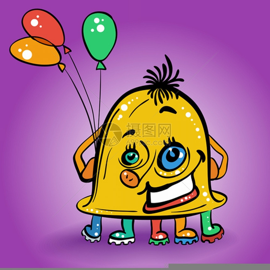 带多色气球的笑着黄怪物矢量漫画图片