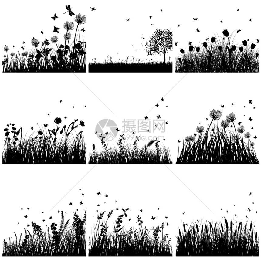 黑白草地上盛开的鲜花和飞舞的蝴蝶矢量插画背景图片