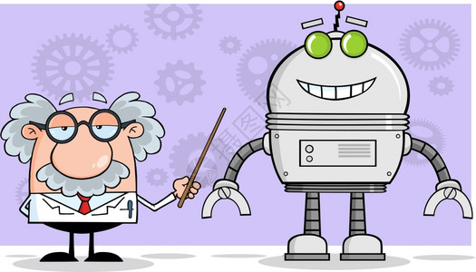 卡通教授科学家展示他的机器人插画