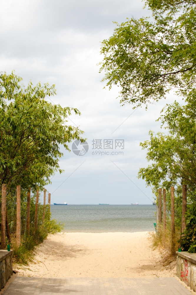 暑假和度胜地清空的入口绿色叶子通向沙滩海景图片