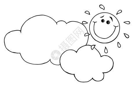 云层卡通字符背后的微笑太阳图片