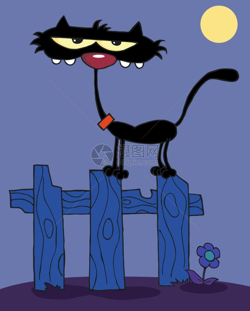 站在栅栏上的小黑猫卡通矢量插图图片