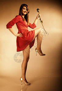 美丽的时装女郎穿着红袍干玫瑰照片以旧色彩图像风格拍摄图片