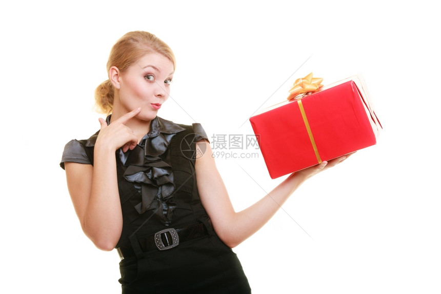 节假日爱与幸福概念单身带红礼盒的美丽金发女孩图片