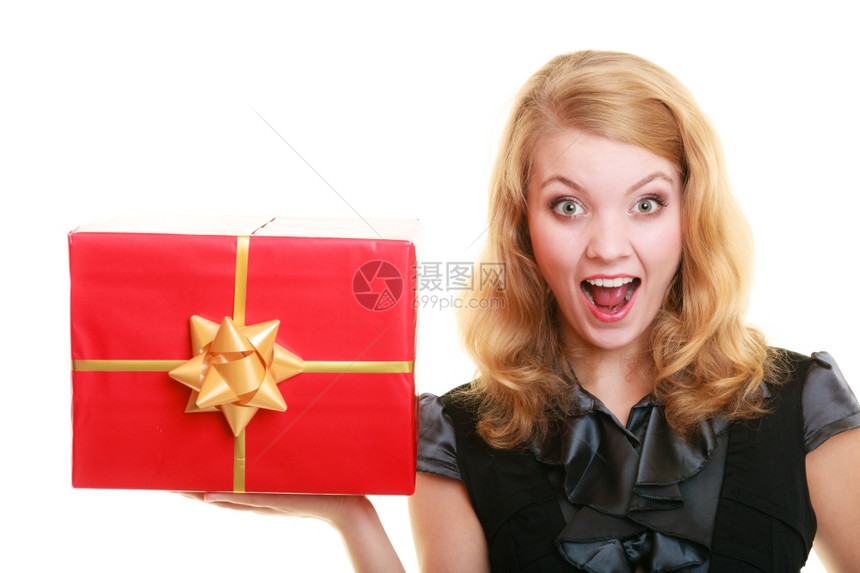 节假日爱与幸福概念单身带红礼盒的美丽金发女孩图片