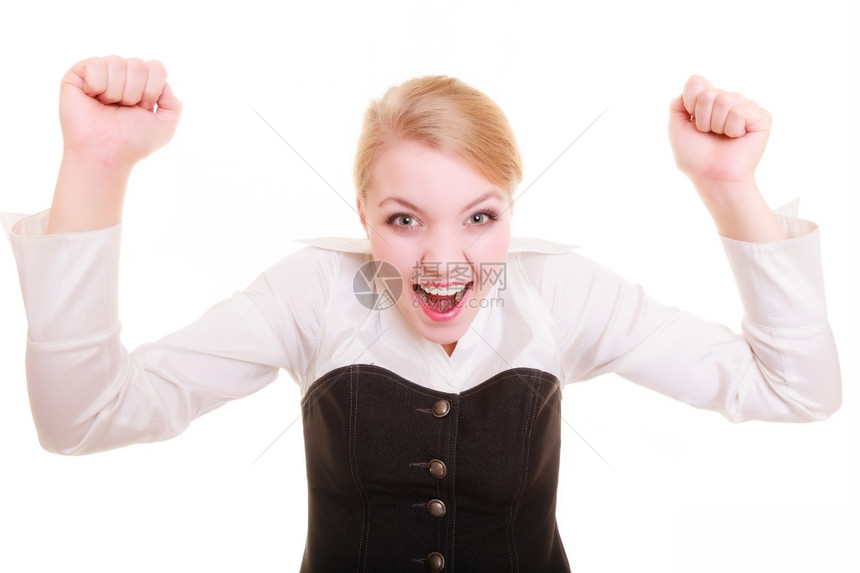 商业工作的成功年轻女商人快乐的姑娘庆祝她工作晋升图片