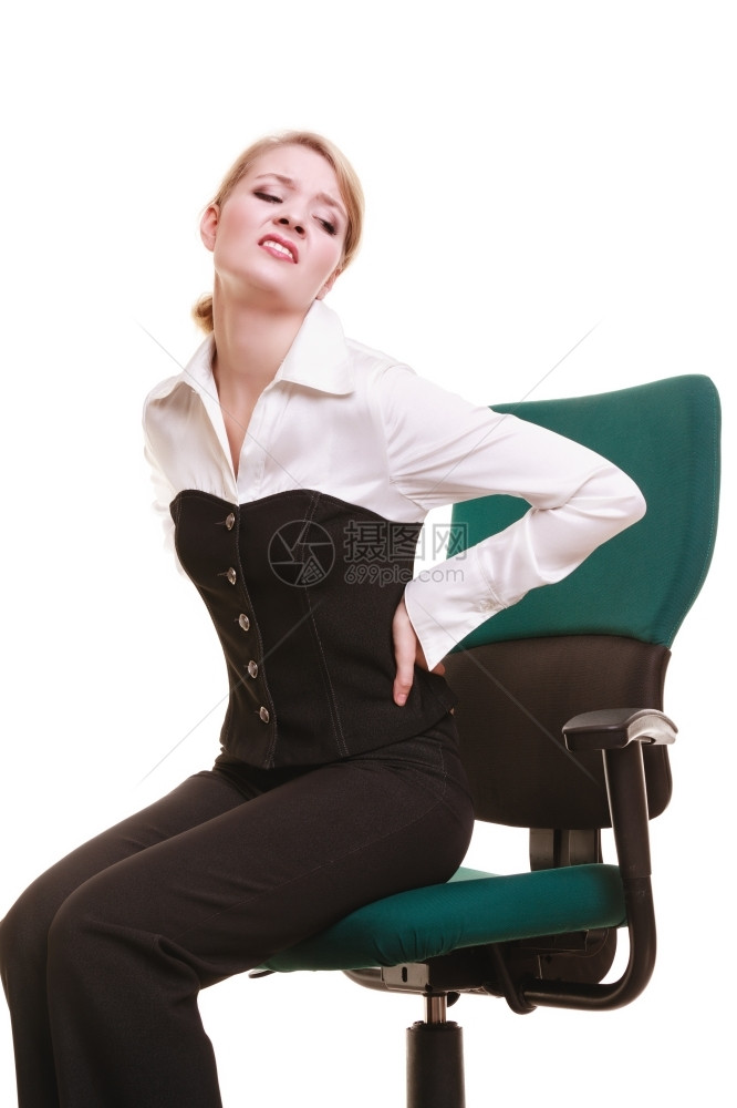商业界年轻女人有背痛的女人在白色上被孤立工作时间长身体健康图片