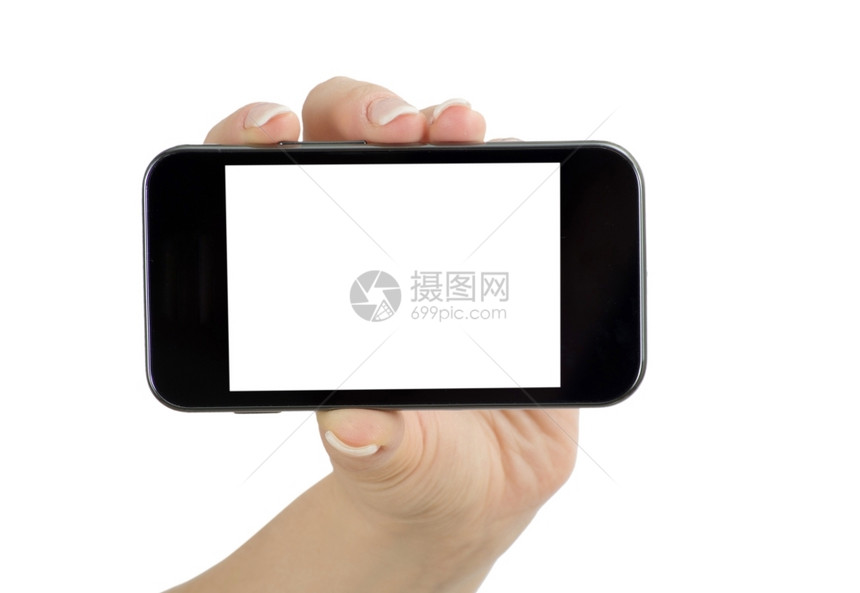 手持带空白屏幕的移动智能手机图片