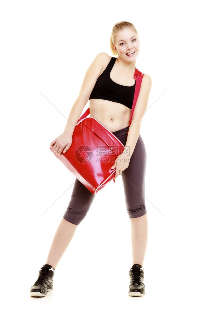 全年快乐运动的女子孩拿着红体操包准备参加健身锻炼与白种背景隔绝图片