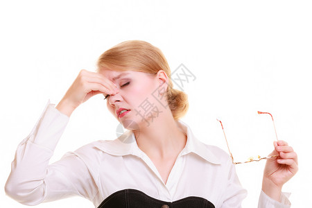 精神紧张的女商人担心年轻头部或鼻疼痛背景