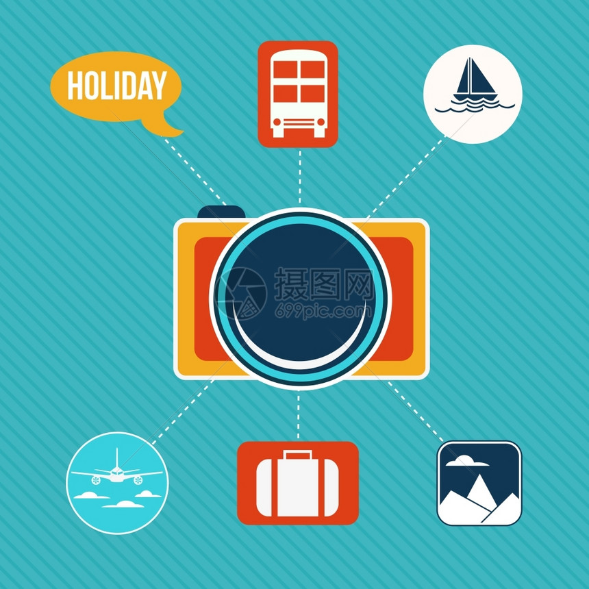 蓝色背景上的假日旅行元素矢量图标图片