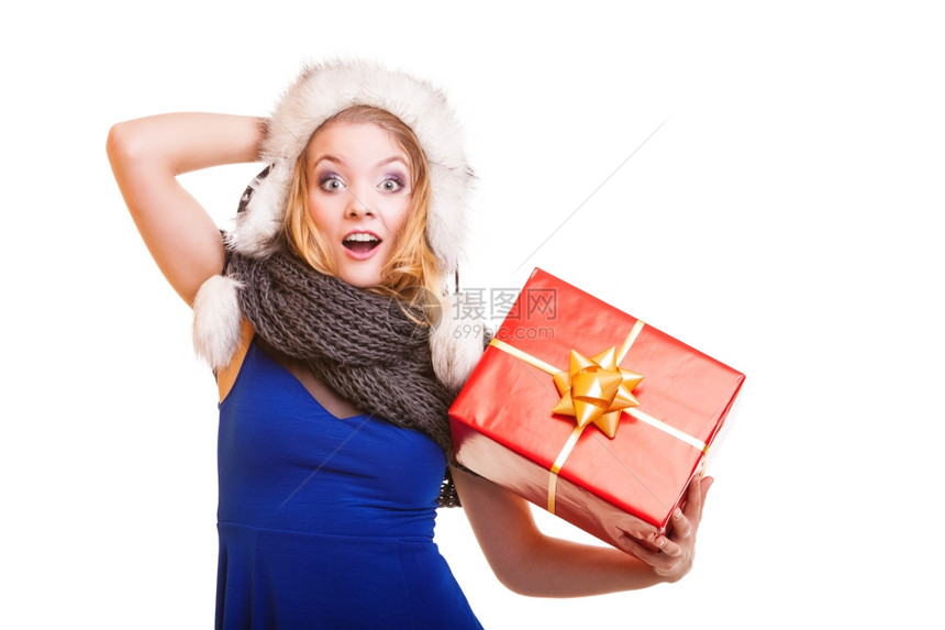 圣诞节日情人39日庆和快乐的人们概念穿着冬毛假帽的金发女郎图片