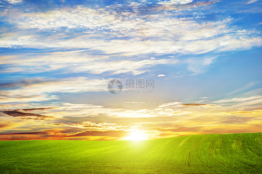 日落时绿草地浪漫云HD背景图片