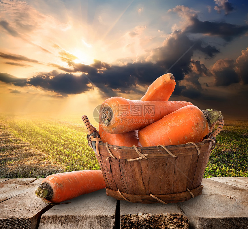 在桌边和风景的篮子中胡萝卜图片