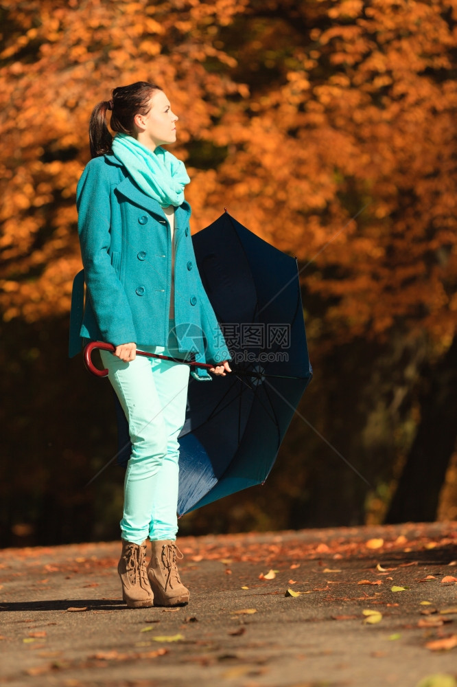 身处户外的秋天公园带着蓝伞散步图片