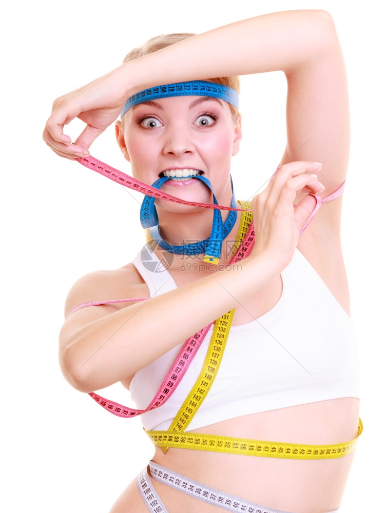 饮食减瘦体重时间保健康生活方式身妇女配有丰富多彩的测量磁带痴迷女孩的身体图片