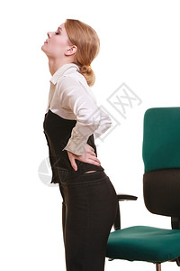 商业界年轻女人有背痛的女人在白色上被孤立工作时间长身体健康背景图片