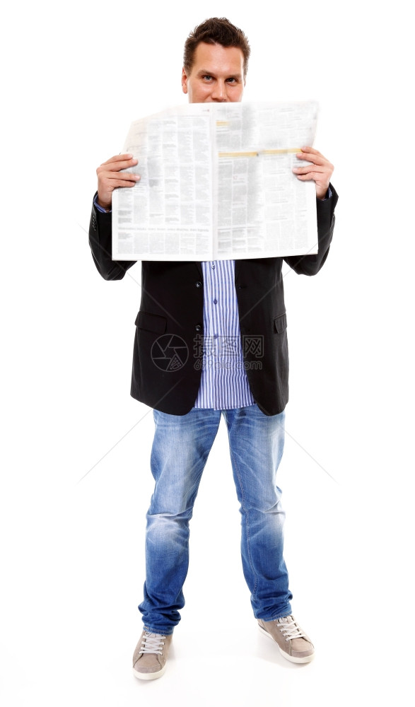 商人全程阅读白种背景孤立的报纸图片