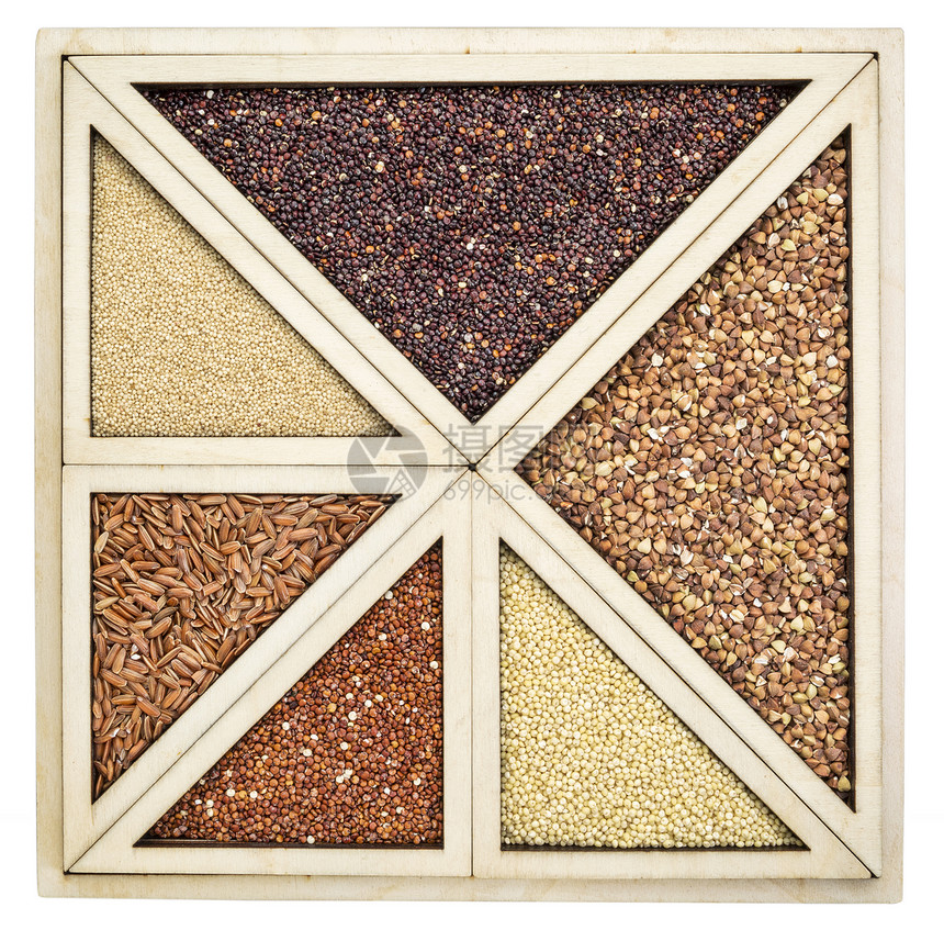 木盘中各种无谷质红和黑奎诺亚黄麦棕色阿马拉尼和小米的无谷质物图片