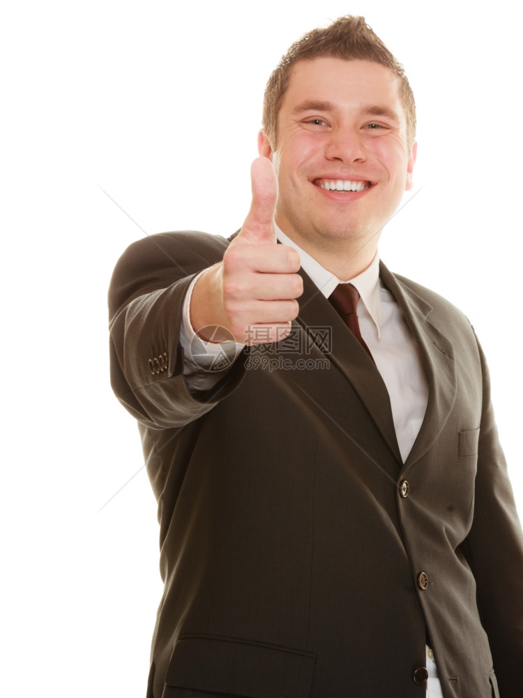 生意成功商人庆祝白种的工作晋升快乐男人举起拇指手势图片