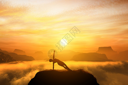 云瑜伽素材在日落时云顶的山上静默瑜伽姿势赞静默和平背景