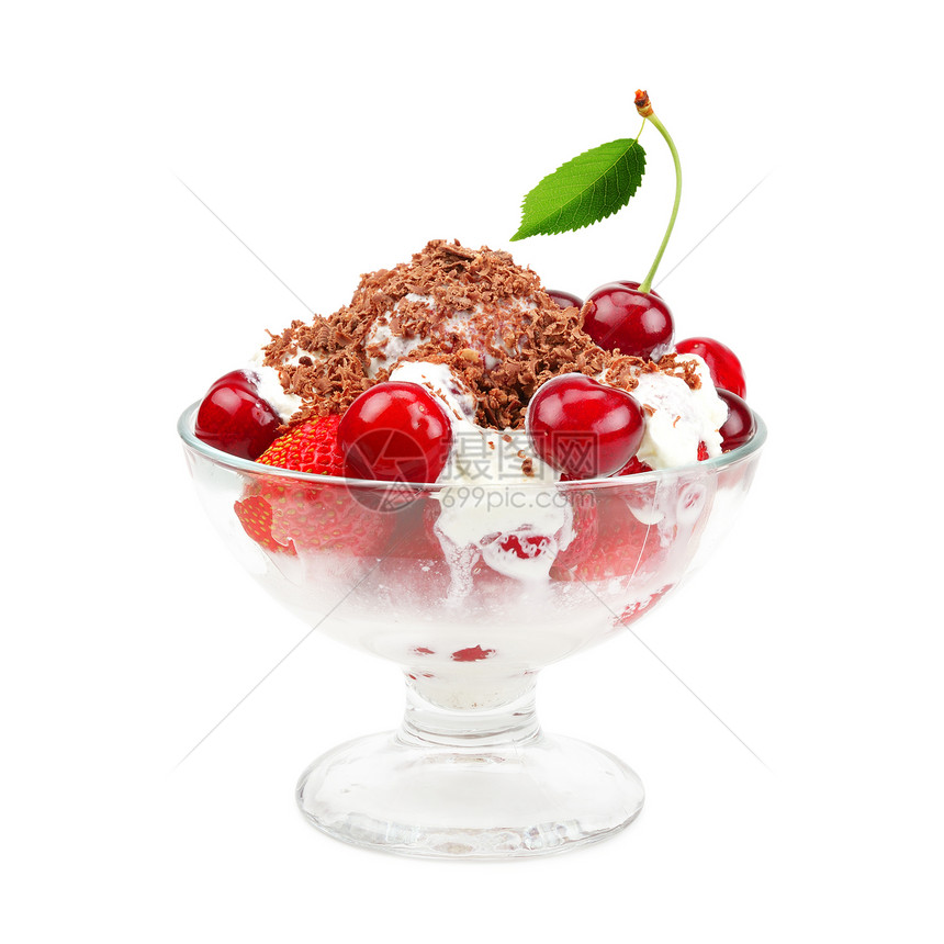 白隔绝的带草莓和樱桃冰淇淋图片