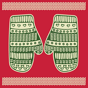 带针织手套的圣诞贺卡绿色和红的矢量插图图片