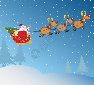 拉普兰圣诞夜与驯鹿和雪橇一起飞行的圣诞老人插画